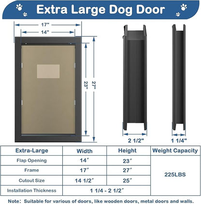 Extra Large Dog Door, XL Dog Door with 2 Self-Closing Insulated Flaps for Extreme Weather, Heavy Duty Aluminum XXL Dogs Doors for Pets Up to 230LBS, for Interior & Exterior Doors, X-Large, Black