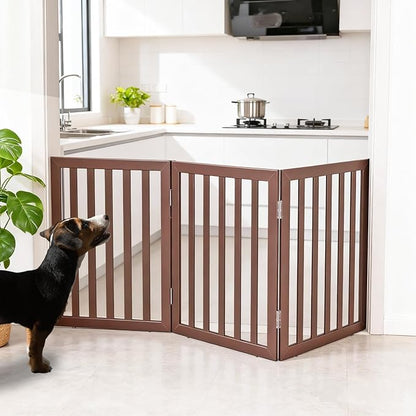 ZJSF Freestanding Indoor Dog Gate for House Foldable Wood Brown Puppy Gate for Doorways Pet Gate for Stairs Extra Wide Pet Fence 32" Height 3 Panels
