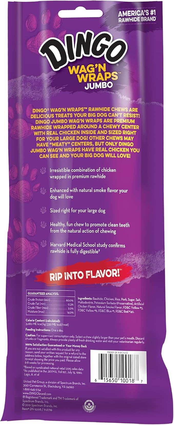Dingo Wag’n Wraps Jumbo 2 Count, Made With Real Chicken, Rawhide Snack For Large Dogs