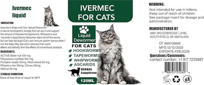 lvermect Dewormer Liquid for Dogs and Cats, Digestive Cleanser Treatment, Broad Spectrum for All Wormer, Hookworms, Lung Worms, Pin Worms, Round Worms