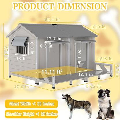 PetsCosset 59.4" L Large Dog House Outdoor & Indoor,Fir Wood Dog Kennel with Weatherproof Openable Asphalt Roof,Spacious Doghouse with Anti-Chewing Metal Edges for Small & Medium & Large Dogs,Grey