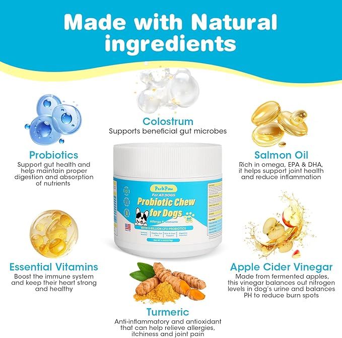 Probiotics for Dogs, Dog Probiotics for Diarrhea & Bowel Support, Digestive Enzymes Promotes Gut Health, Immunity Health & Itch Relief, Prebiotics and Probiotics (Chicken)