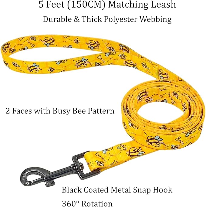 Dog Collar Leash Set, Busy Bee Pattern, 5ft Matching Leash, Polyester Material, 4 for Small Medium Large Dogs.(S, Bee)