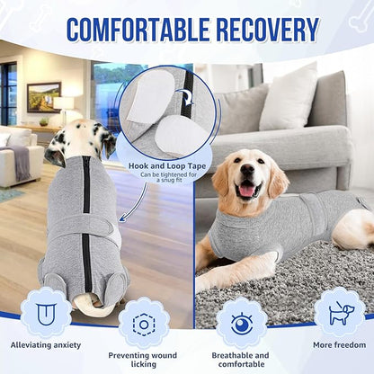 Lukovee Recovery Suit for Dogs, Zipper On Recovery Suit for Female Male Dog, Onesie Abdominal Wounds Cone E-Collar Alternative Prevent Licking Spay Recovery Suit (XS, GY)