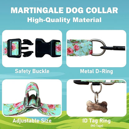 Martingale Collar for Dogs with Buckle Green Floral No Pull Cute Girl Female Dog Collars for Medium Dogs, Green Rose