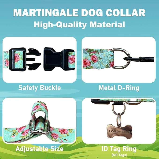 Martingale Collar for Dogs with Buckle Pink Floral Dog Collar No Pull Cute Girl Female Dog Collars for Extra Large Dogs, Green Rose