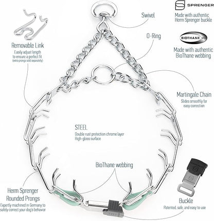 Herm Sprenger Chrome Plated Steel Dog Collar with Quick Release ClicLock Buckle and Biothane Insert Training Collar for Dogs Made in Germany (Sage Green, 23in x 3.2mm(Neck Size up to19-20in))