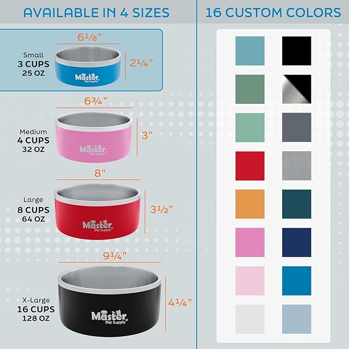 Master Pet Supply Stainless Steel Dog Bowls - 25 oz, Heavy Duty - Aqua Sky, Double Wall Extra-Thick Insulated, Non-Slip Pet Water Bowl for Dogs, Cats & Pets, Anti Rust Metal, Dish Washer Safe