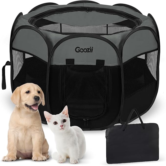 Goozii Portable Dog Playpen for Large Dogs, Collapsible Puppy Pet Cat Playpen with Zipper Top Cover (Large Size, Grey-Black)