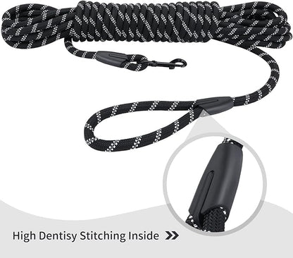 Long Dog Leash for Training 15Ft-Reflective Nylon Rope with Swivel Hook-Recall Agility Lead for Large Small Medium Dogs Outside Walking Hiking-Black Diam 1/2"