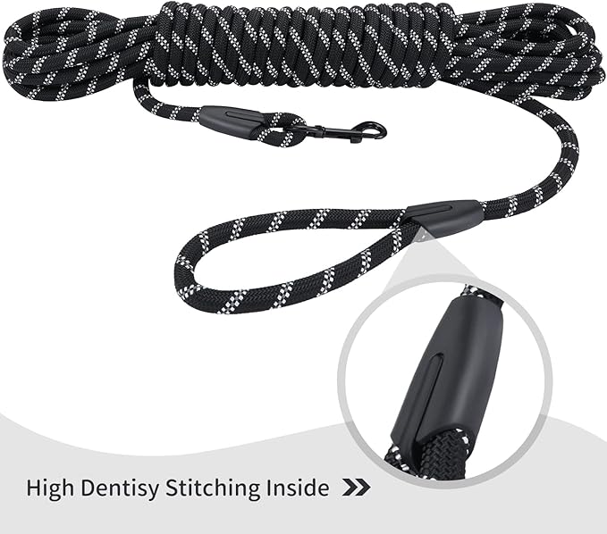 Long Dog Leash for Training 15Ft-Reflective Nylon Rope with Swivel Hook-Recall Agility Lead for Large Small Medium Dogs Outside Walking Hiking-Black