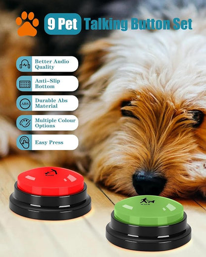 Dog Buttons for Communication, 9 Pcs Dog Talking Button Set, 30s Voice Recording Speaking Button Pet Speech Training Buzzers with 30 Scene Stickers and Waterproof Anti-Slip Mat for Animal Training