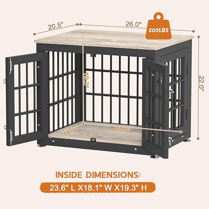 rehomerance 26 Inch Heavy Duty Dog Crate Furniture for Small Dogs, Decorative Pet House End Table, Wooden Cage Kennel Furniture Indoor with Double Doors, Grey