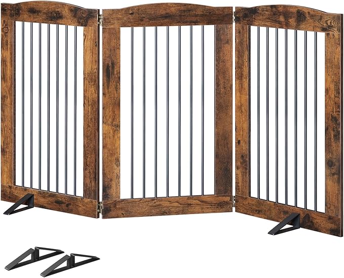 HOOBRO Indoor Dog Gate with Support Feet, Freestanding Pet Gate for Doorway, Stairs, 31.5 Inch 3 Panels, Folding Dog Fence, 360° Hinge for Easy Access, Sturdy Iron Pipe, Rustic Brown BF06PP03