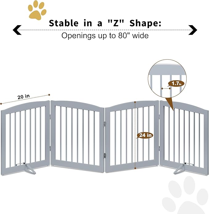 PUPETPO Freestanding Pet Gate for Dogs, Foldable Wooden Dog Gate for House, Indoor Dog Gate for Stair, Doorway, Gates for Dogs Indoor, 80 Inch Wide, 4 Panels 24", Grey