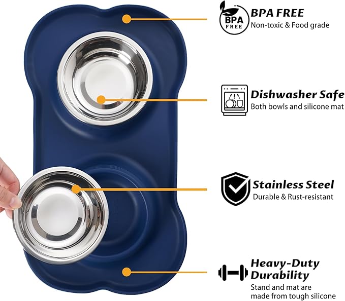 Hubulk Pet Dog Bowls 2 Stainless Steel Dog Bowl with No Spill Non-Skid Silicone Mat + Pet Food Scoop Water and Food Feeder Bowls for Feeding Small Medium Large Dogs Cats Puppies (X-Large, Navy Blue)