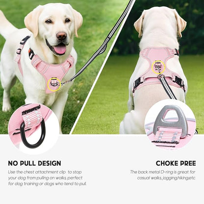 Timos Dog Harness Large Sized, No Pull Pet Harness with Neck Lockable Snap,No Choke Front Clip Dog Reflective Vest,Adjustable Metal Rings 3 Buckles,Easy Control Handle for Large Dogs Pink L