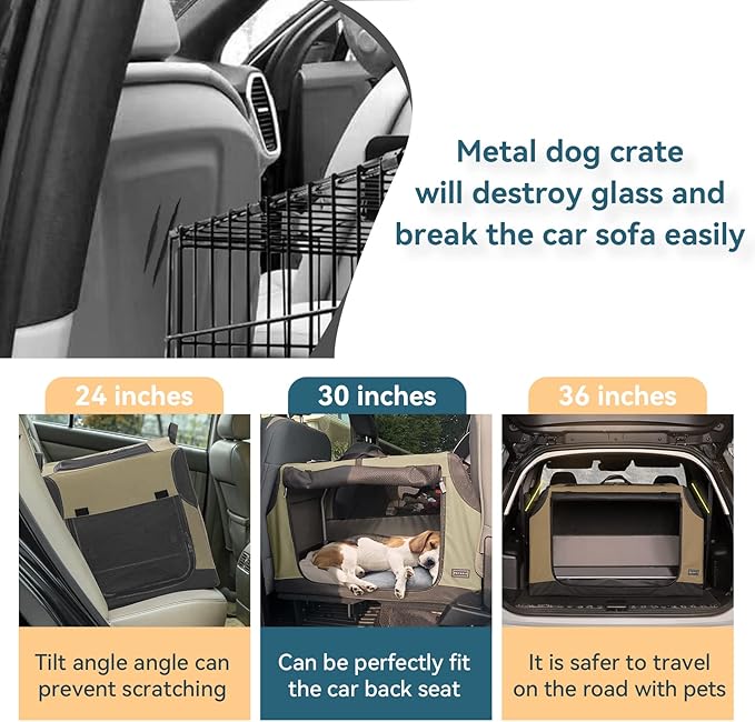 PETSFIT Travel Dog Crate, Soft Dog Crate - 24 Inch Sturdy Adjustable Structure, Easy to Set Up, Portable Dog Kennel for Car, Light Tough with 3 Mesh Doors, Army Green