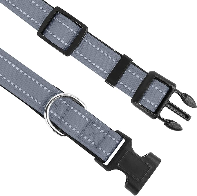 Reflective Dog Collar, Adjustable Soft Neoprene Padded Nylon Pet Collars with Buckle for Large Dogs, Gray,L