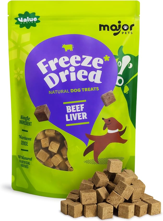 MAJOR PETS Freeze Dried Beef Liver Dog Treats - Single Ingredient - No Preservatives & High Protein - Grain Free - Premium Training Treats & Meal Topper - Made and Sourced in the USA - 10 oz