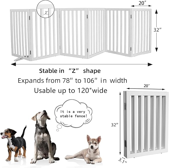 ZJSF Freestanding Indoor Dog Gate for House Foldable Wood White Puppy Gate for Doorways Pet Gate for Stairs Extra Wide Pet Fence 32" Height 6 Panels