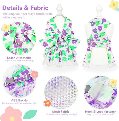 ABRRLO Dog Harness Dress Leash Set for Small Dog Summer Clothes Girl Female Puppy Cats Outfits Cute Floral Bowknot Princess Birthday Dress for Extra Small Pet Doggie Kitten Outfits Apparel(Green,XS)