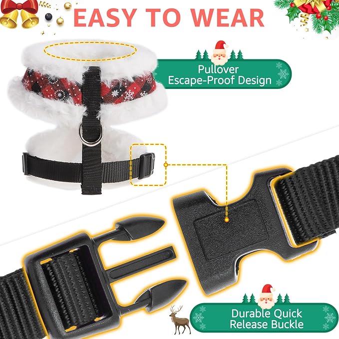 SCENEREAL Dog Christmas Harness Collar and Leash Set, Warm Fleece No Pull Puppy Vest Harnesses No Chock Adjustable Small Pet Halter for Outdoor Walking Training, Black Red Plaid XS
