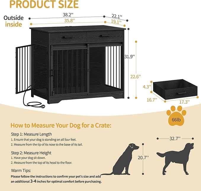 Hzuaneri 38.2'' Dog Crate Furniture with Charging Station, Barn Door Dog Kennel Indoor with 2 Storage Drawers, Wooden Pet Cage End Side Table for Medium/Large Dogs, Chew-Proof, Black DFC90304B