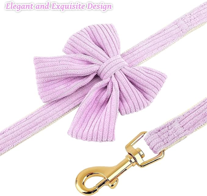 Dog Collar and Leash Set with Bowtie, Girl Dog Collars Metal Buckle Adjustable for Small Medium Dogs (Purple, M: Neck 13"-22" Leash 5 FT)