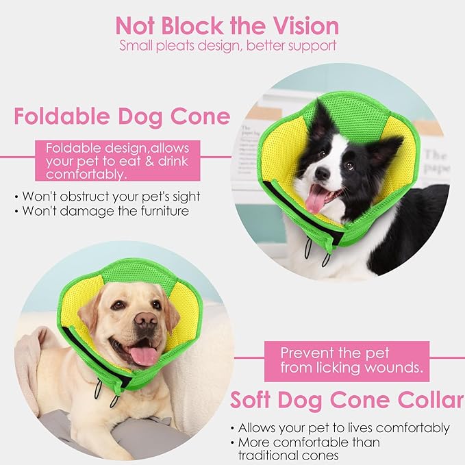AOFITEE Dog Cone - Soft Cones Dog After Surgery, Comfy Cones for Dogs to Stop Licking, Adjustable Small Dogs Cone Collar for Wound Healing, Elizabethan Pet E-Collar, YellowGreen Small