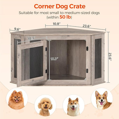 MAHANCRIS Corner Dog Crate Furniture, Wooden Dog Kennel End Table, Decorative Pet Crate Indoor Use, Furniture Style Dog House for Small Medium Dog, Dog Cage TV Stand, Greige and Black DCHG0801