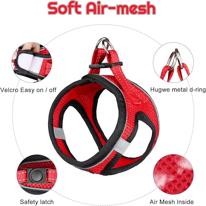 Dog Harness for Small Dogs and Leash Set, Honeycomb Grid, Reflective Lightweight Harness & Anti-Twist Pet Lead Multi Color, Size: XS-S-M. (M, Black & Red)