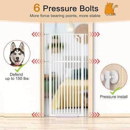 Senneny 63” Extra Tall Cat Gate Auto Close & One-Hand Open, Includes Extension Kits, No Drilling Pressure Mounted Kits and Wall Mounted Kits, Metal Pet Gate Fits Openings 33.4” to 37.4” Wide, White