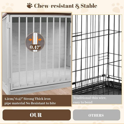 TBWIND Dog Crate Furniture for Large Dogs, 36" Indoor Wooden Dog Kennel with 270° Swivel Door & 360° Rotating Feeder, Decorative Heavy Duty Dog House with Double Locks & Bowls, White