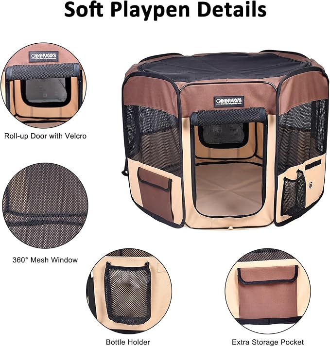 JESPET 61" Pet Dog Playpens, Portable Soft Dog Exercise Pen Kennel with Carry Bag for Puppy Cats Kittens Rabbits, Brown