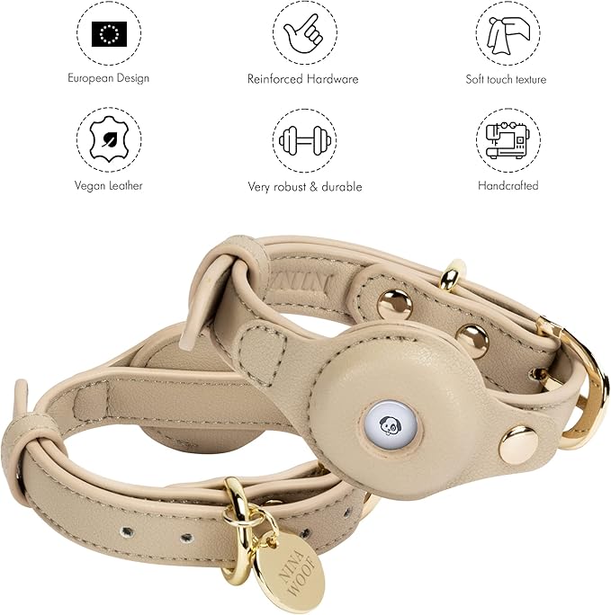 NINA WOOF Cupertino Dog Collars, Harnesses & Leashes Made from Vegan Leather with Dog Tracker Device Holder Adjustable Dog Collar (Small, Beige)