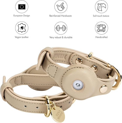 NINA WOOF Cupertino Dog Collars, Harnesses & Leashes Made from Vegan Leather with Dog Tracker Device Holder Adjustable Dog Collar (Extra Small, Beige)