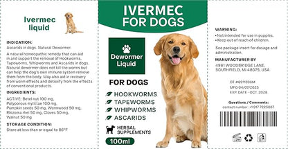 lvermect Dewormer Liquid for Dogs, Broad Spectrum for All Wormer, Digestive Cleanser Treatment, Hookworms, Lung Worms, Pin Worms, Round Worms
