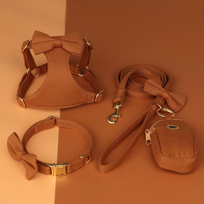 Beirui Adorable Small Dog Harness Collar and Leash Set,Cute Puppy Harness Set with 3 Bows for Small Dogs,Shih Tzu,Dachshund,Adjustable Step-in Vest for Daily Walking,Parties&Holiday Outfits(Brown,S)