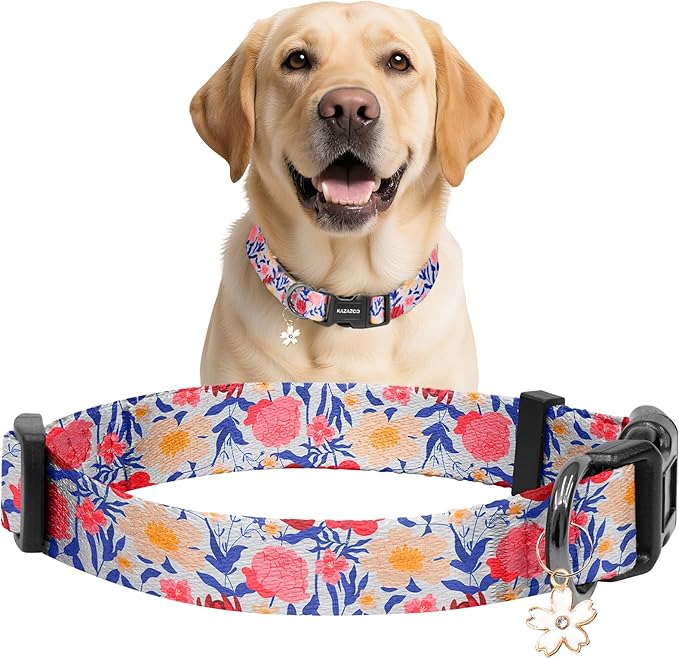 Kazazoo Dog Collar Cute and Soft Nylon Puppy Collar Girl, Adjustable Dog Collars for Medium Large Dogs, Blue and Pink Flowers-L