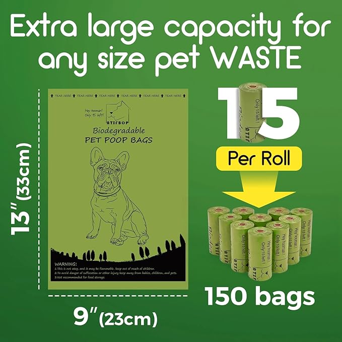 ATIFBOP Biodegradable Dog Poop Bags 150 Count 10 Rolls with Dispenser, Thicken and Leak Proof Poop Bag Holders for Leashes(Scented)