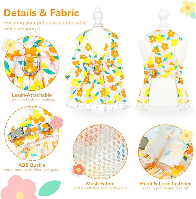 ABRRLO Dog Harness Dress Leash Set for Small Dog Summer Clothes Girl Female Puppy Cats Outfits Cute Floral Bowknot Princess Birthday Dress for Extra Small Pet Doggie Kitten Outfits Apparel(Yellow,L)