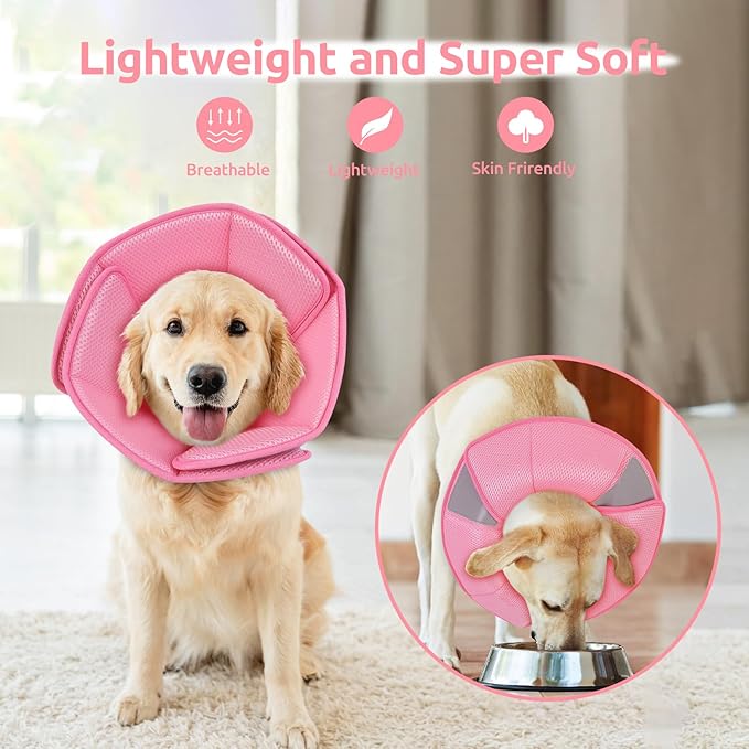 Dog Cone Collar - Soft Elizabethan Collar for Dogs After Surgery, Comfy Cone for Dogs to Stop Licking, Adjustable Dog Cone Alternative for Wound Healing (Pink M)