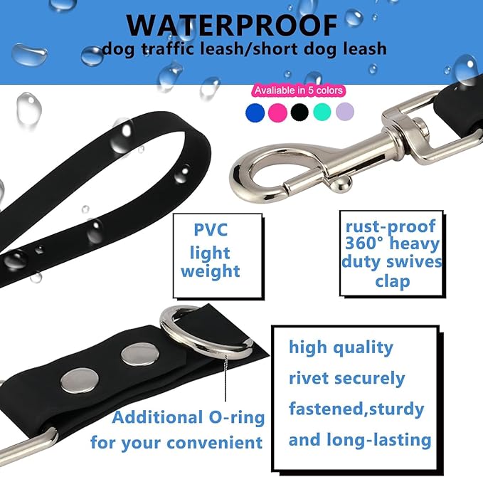 Short Dog Leash - 9 Inch Dogs Lead Grab Tab Heavy Duty Waterproof PVC Dog Training Traffic Leashes for Safety Control Behavior Correction Hiking Backup & All Breeds (Black, 9'')
