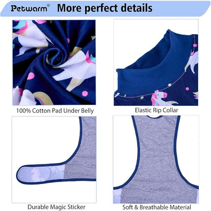 PetWarm Dog Suit for Surgery Recovery, Clothes for Dogs, Post-Surgery Dog Bodysuit, Comfortable Cone Alternative for Male and Female Dogs, Covers Body Area, Unicorn Pattern, Blue, 2XL