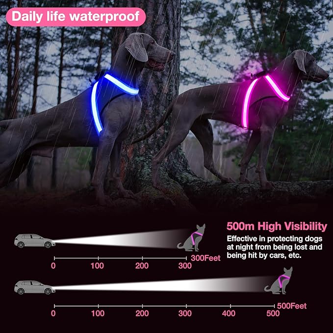 ChalkLit Light Up Dog Harness, No Pull Led Dog Harness Glow-in-The-Dark for Night Walking, USB Rechargeable Lighted Safety Vest for Medium Large Dogs, Adjustable Soft Mesh Fully Illuminated(Pink, XL)