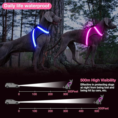 ChalkLit Light Up Dog Harness, No Pull Led Dog Harness Glow-in-The-Dark for Night Walking, USB Rechargeable Lighted Safety Vest for Medium Large Dogs, Adjustable Soft Mesh Fully Illuminated(Pink, XL)