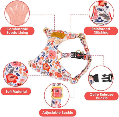 Lukovee Puppy Harness and Leash Set, No Pull Lightweight Soft Suede Adjustable Pet Harness Vest with Snap Buckle for Puppy Small and Medium Size Dog (Flower-XS)