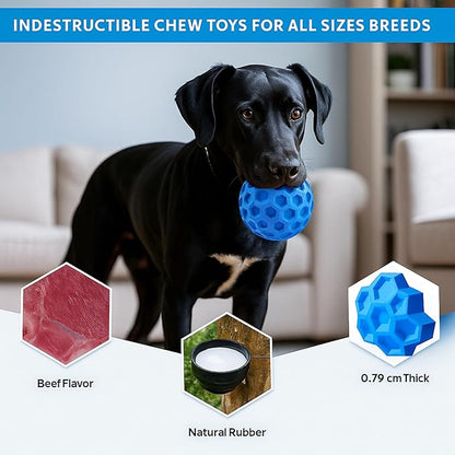 Durable Indestructible Squeaky Dog Ball for Aggressive Heavy Chewers, Unbreakable Tough Natural Rubber Dog Toy, Bouncy Interactive Ball for Medium & Large Dogs, Safe for Teeth & Gums (Blue)