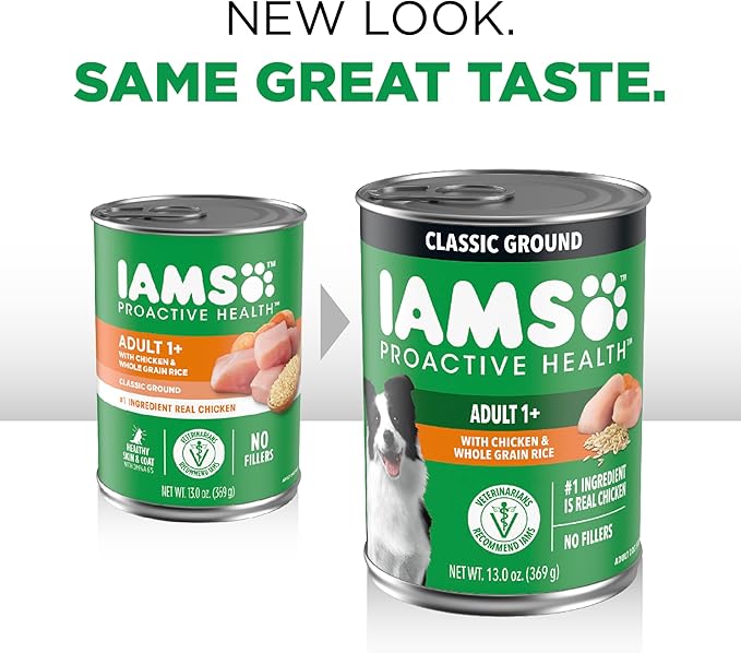 IAMS Proactive Health Wet Dog Food, Adult Wet Dog Food Multipack Ground Dinner, with Chicken & Whole Grain Rice, 13 oz. Cans (Pack of 6)